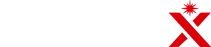 Logo von LaserX mit rotem Punkt und Schriftzug in Weiß und Rot.