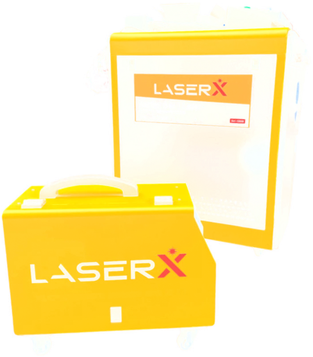 Zwei gelbe Maschinenkoffer mit dem Logo von LaserX in verschiedenen Größen.