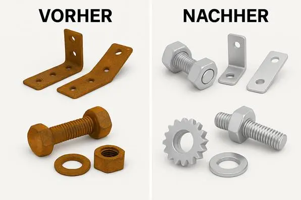 Vorher-Nachher Vergleich von rostigen und neuen Metallteilen, einschließlich Schrauben und Unterlegscheiben.